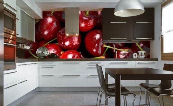 Wall mural with a picture of cherries for the kitchen