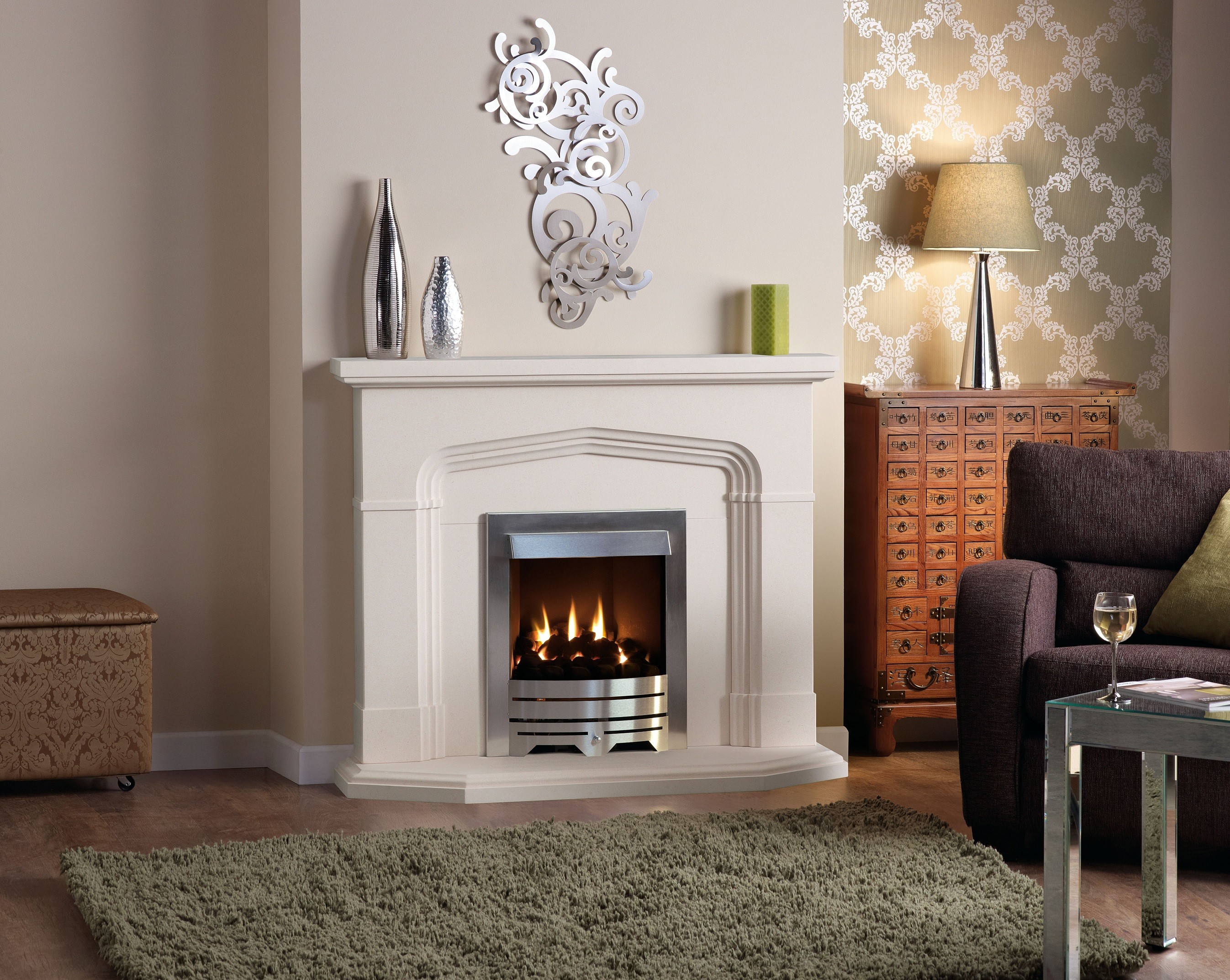 White fireplace under the interior of a modern large living room