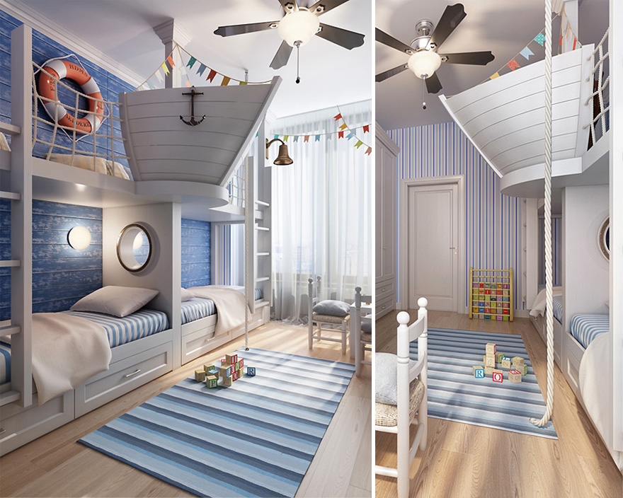 Decor of a bright marine style children's room