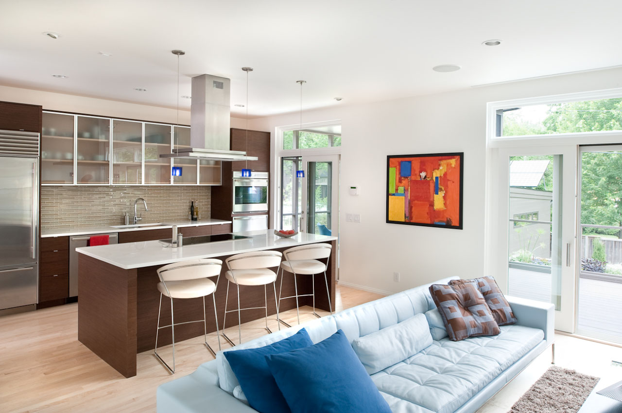  Interior of a large room with kitchen and dining areas