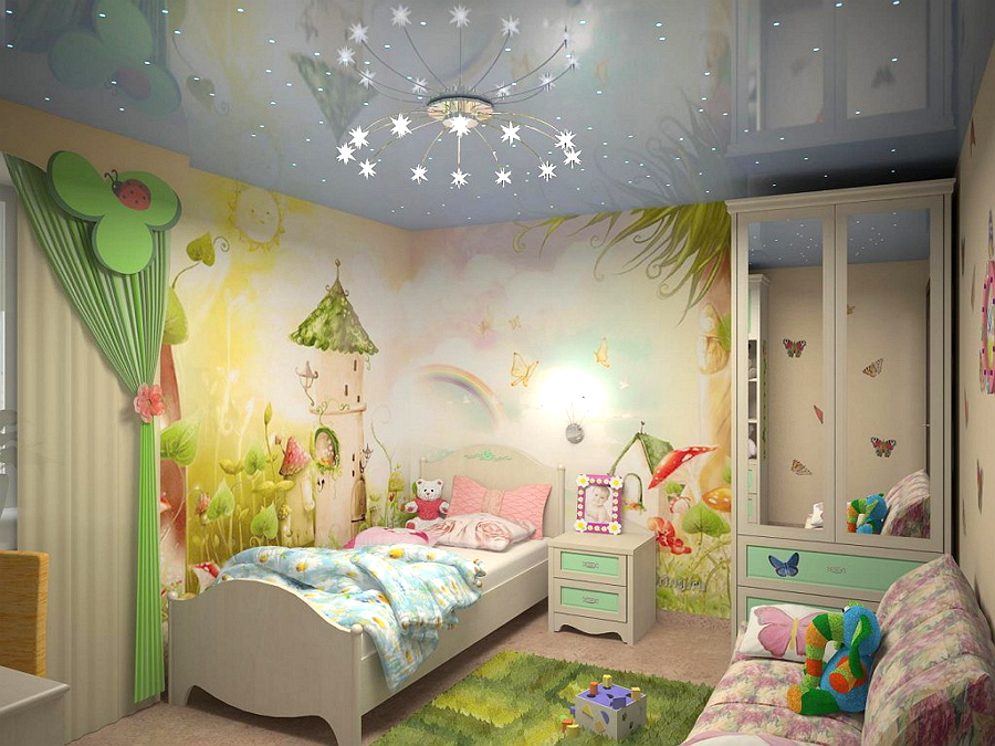 Stretch ceiling with original lighting for a child’s room