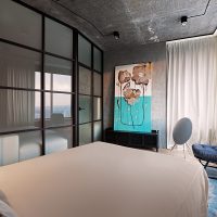 dizajn stropa betonskim malterom na slici spavaće sobe
