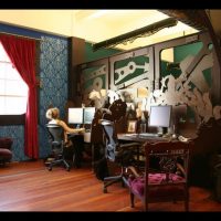 steampunk style entrance hall with wooden parquet photo