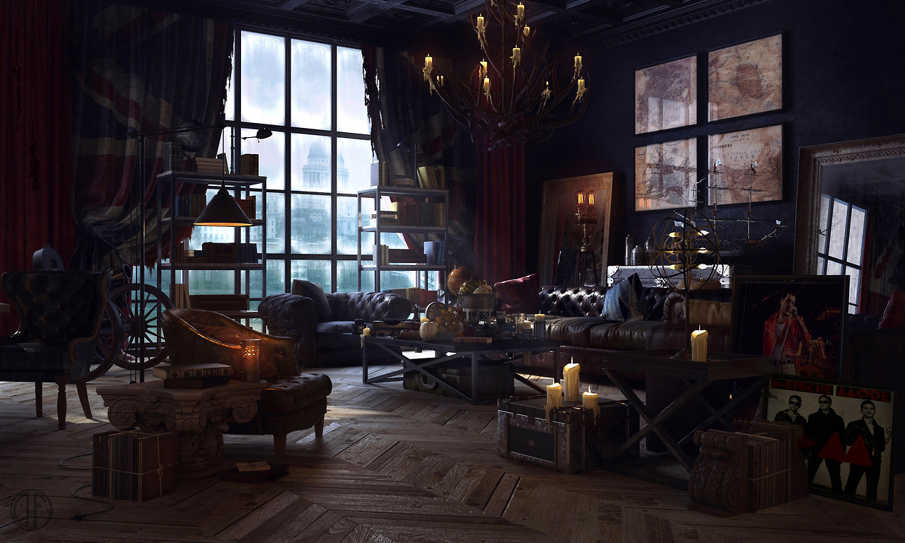 chambre de style steampunk avec effet antique