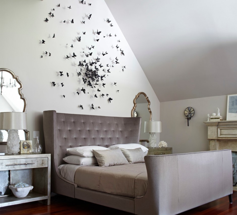 unusual butterflies in the decor of the bedroom