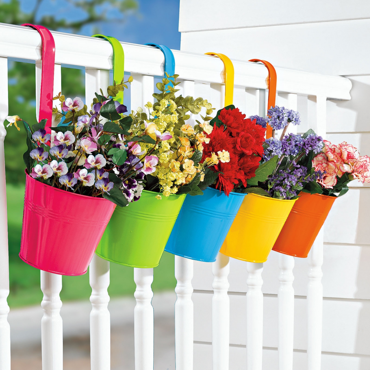 bright flowers on the balcony on the shelves interior