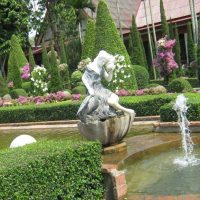 unusual landscaping of the courtyard in the English style with trees photo