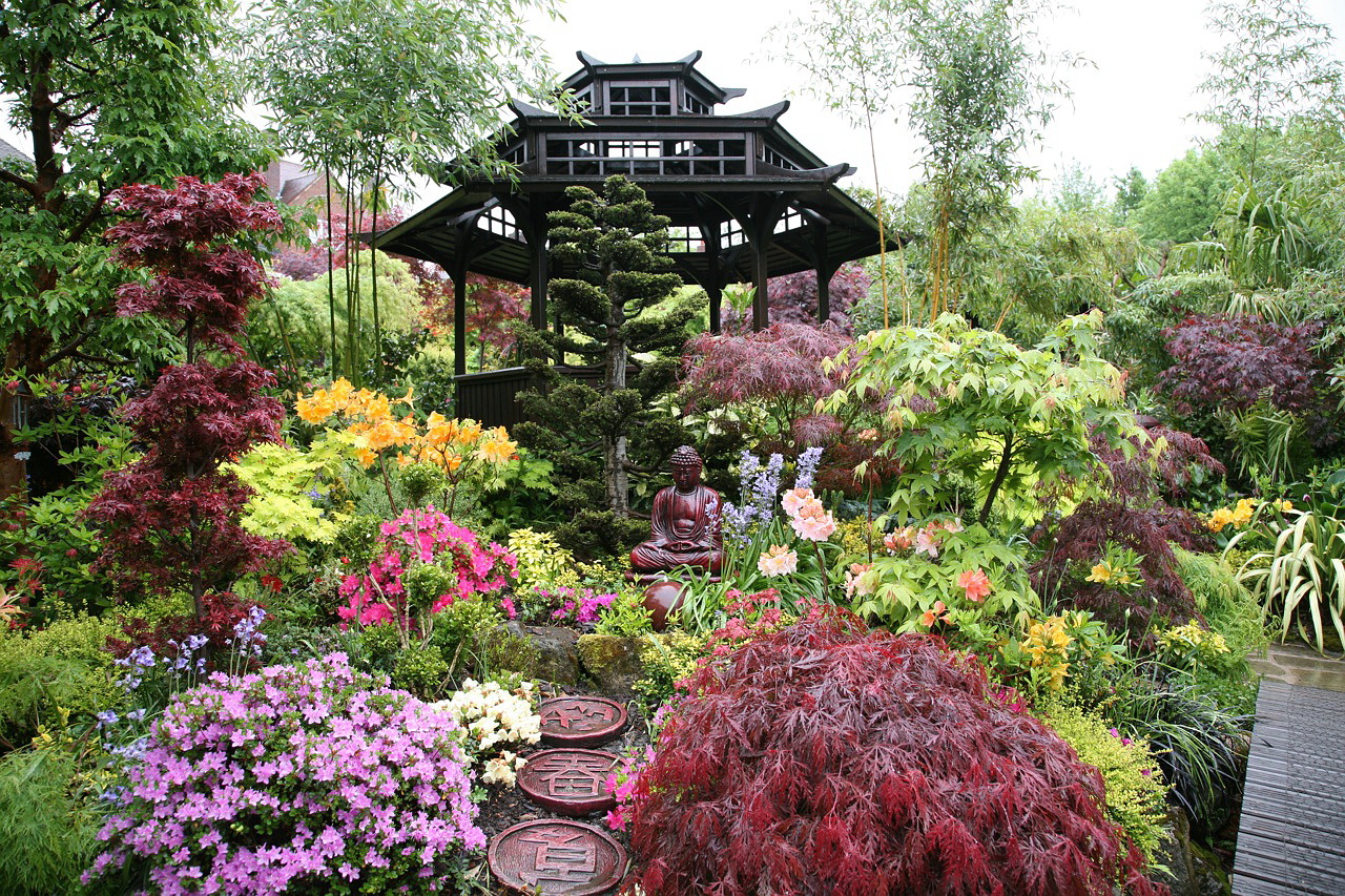 unusual landscape decor of the courtyard in the English style with flowers