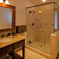 beau design d'une salle de bain avec une douche aux couleurs sombres