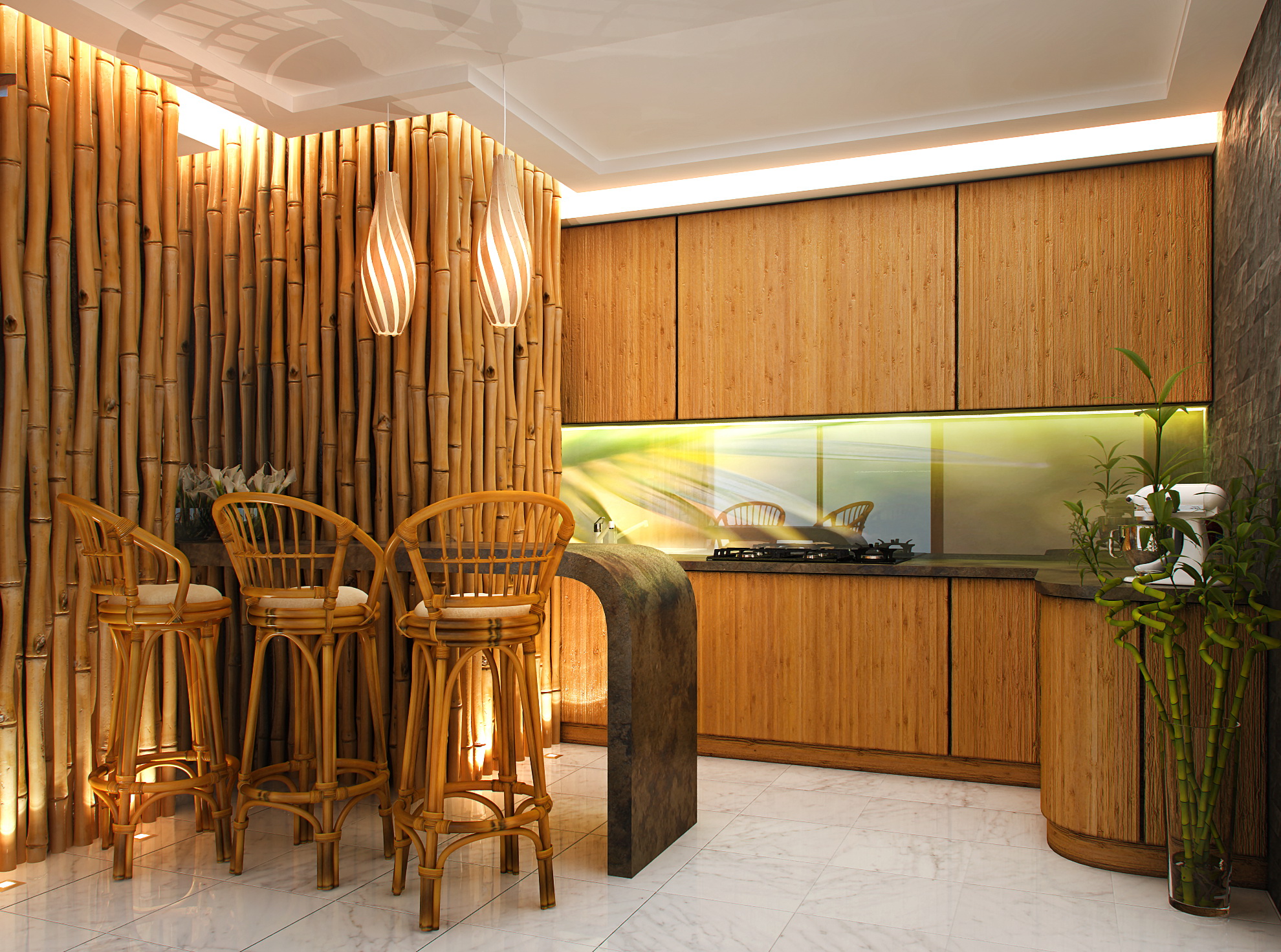 ceiling with bamboo in the interior of the kitchen