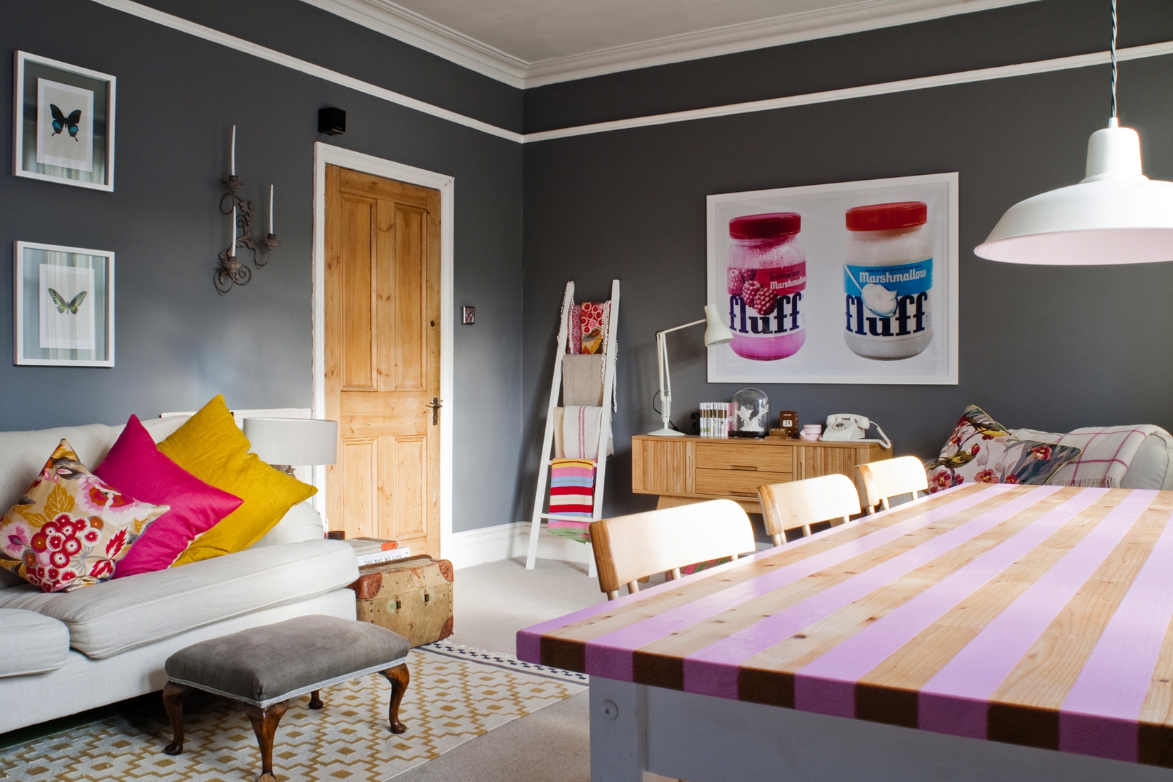 bright bedroom interior in eclectic style