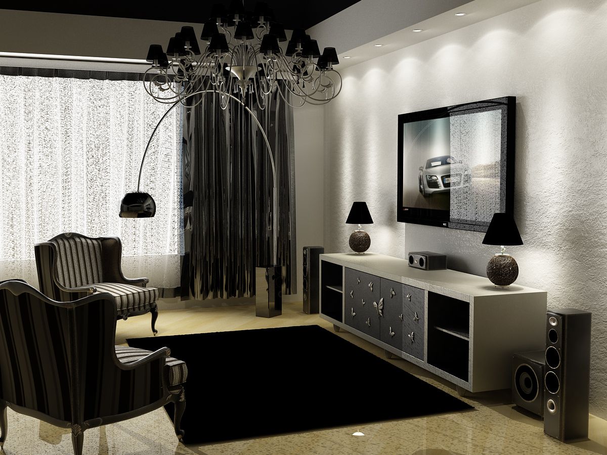 neobičan dizajn dnevne sobe u crno-bijeloj boji