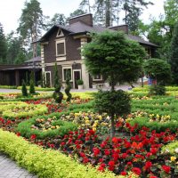 paesaggio elegante del giardino in stile inglese con foto di fiori