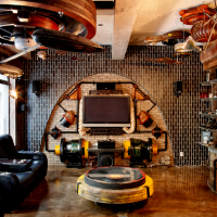 Reka bentuk dapur steampunk dengan foto upholsteri kulit