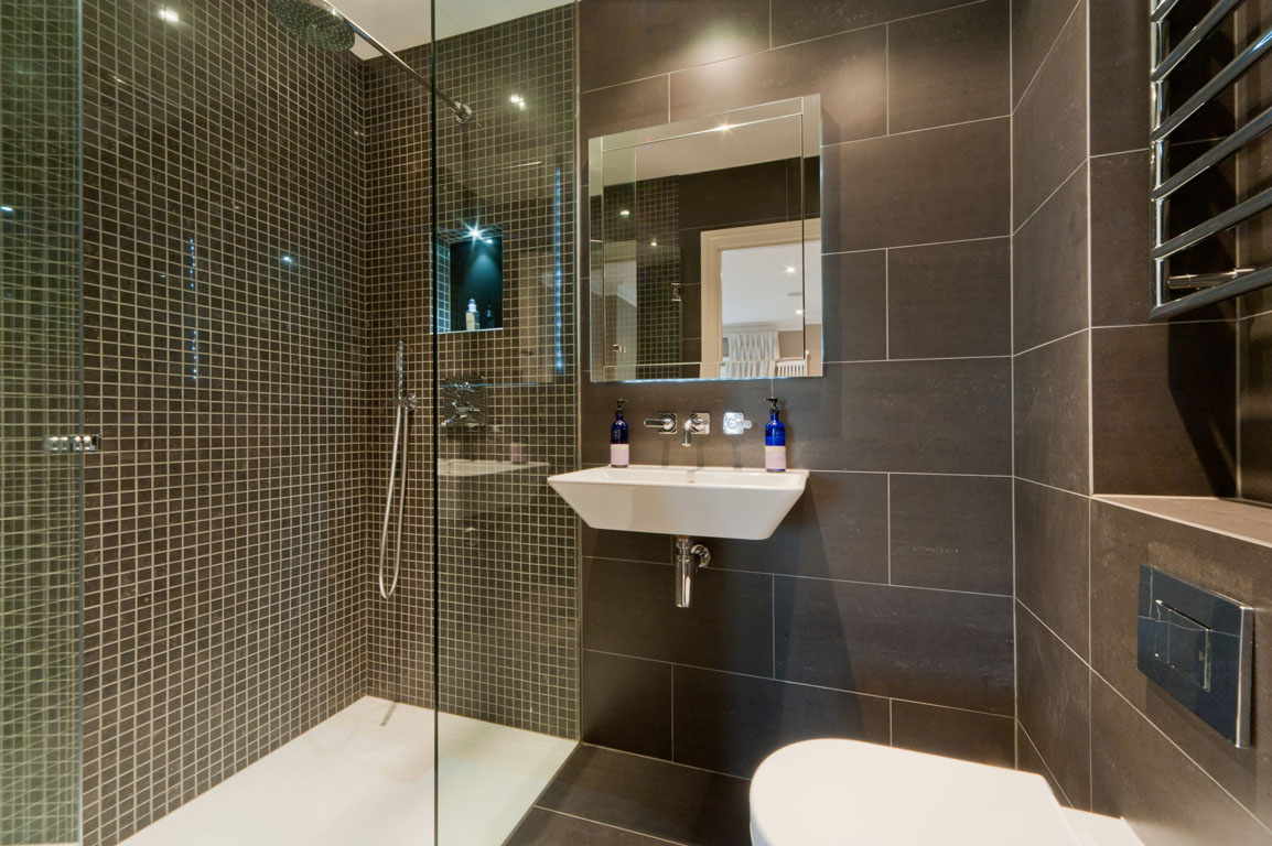 bright decor of a bathroom with a shower in dark colors