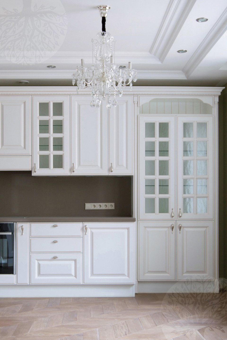 beautiful interior of a white kitchen with a touch of pink