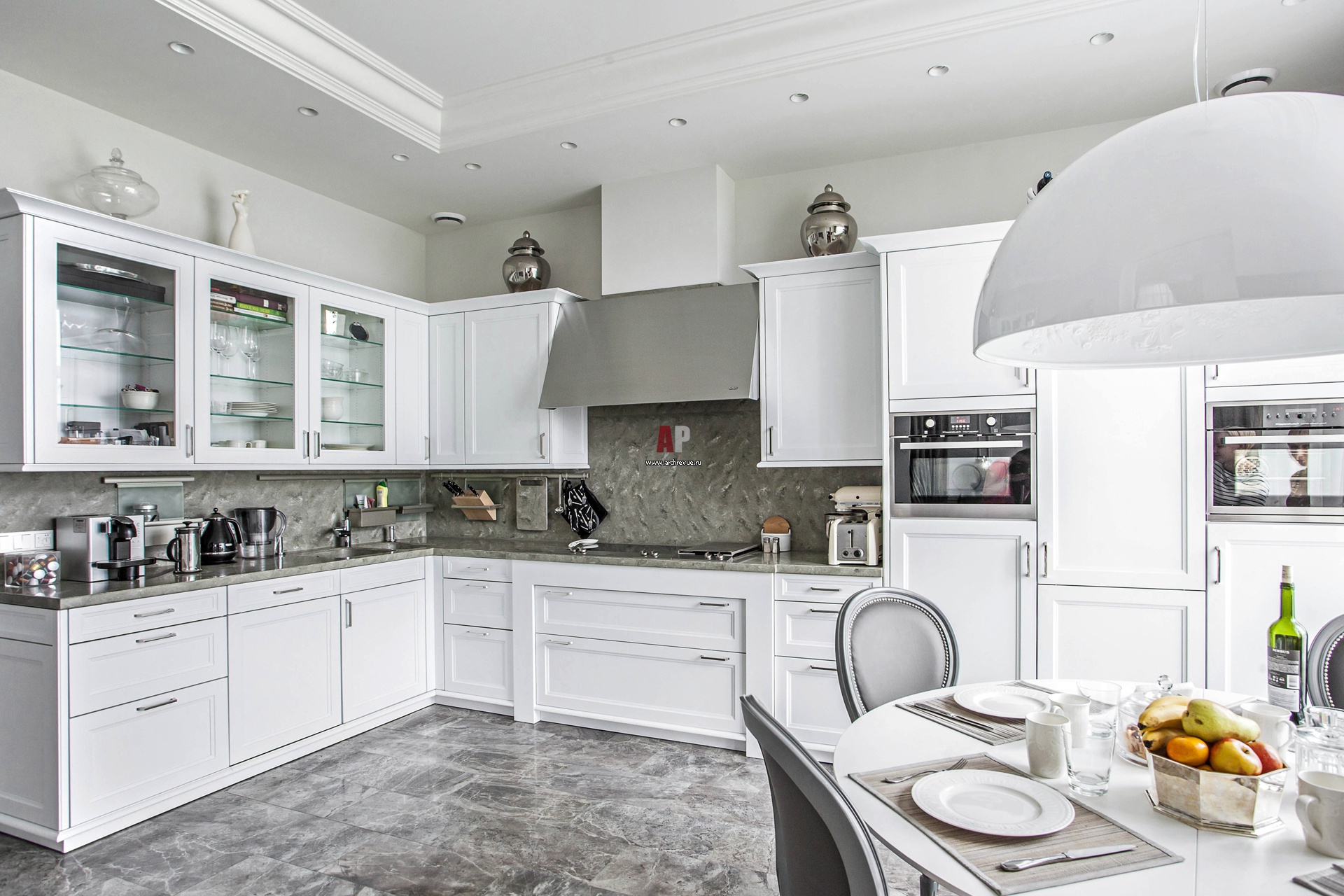 bright style of white kitchen with a touch of blue