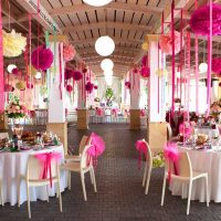 multicolored paper flowers in the design of the festive hall picture