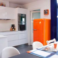 a small refrigerator in the facade of the kitchen in gray photo