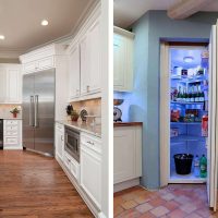 large refrigerator in the facade of the kitchen in light color picture