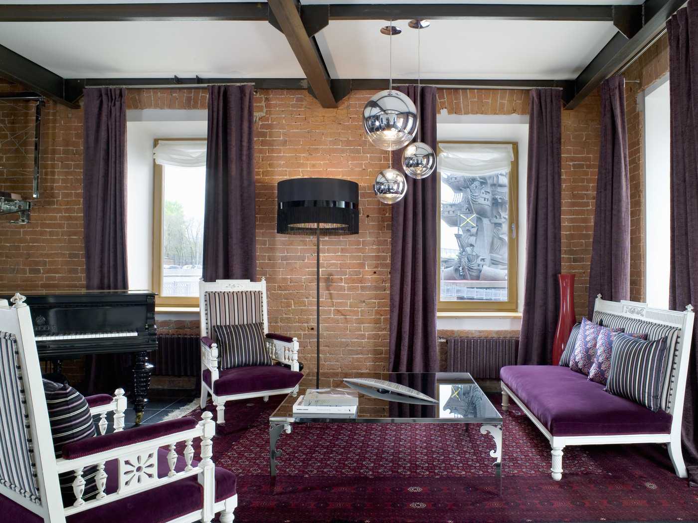 bright living room interior in purple