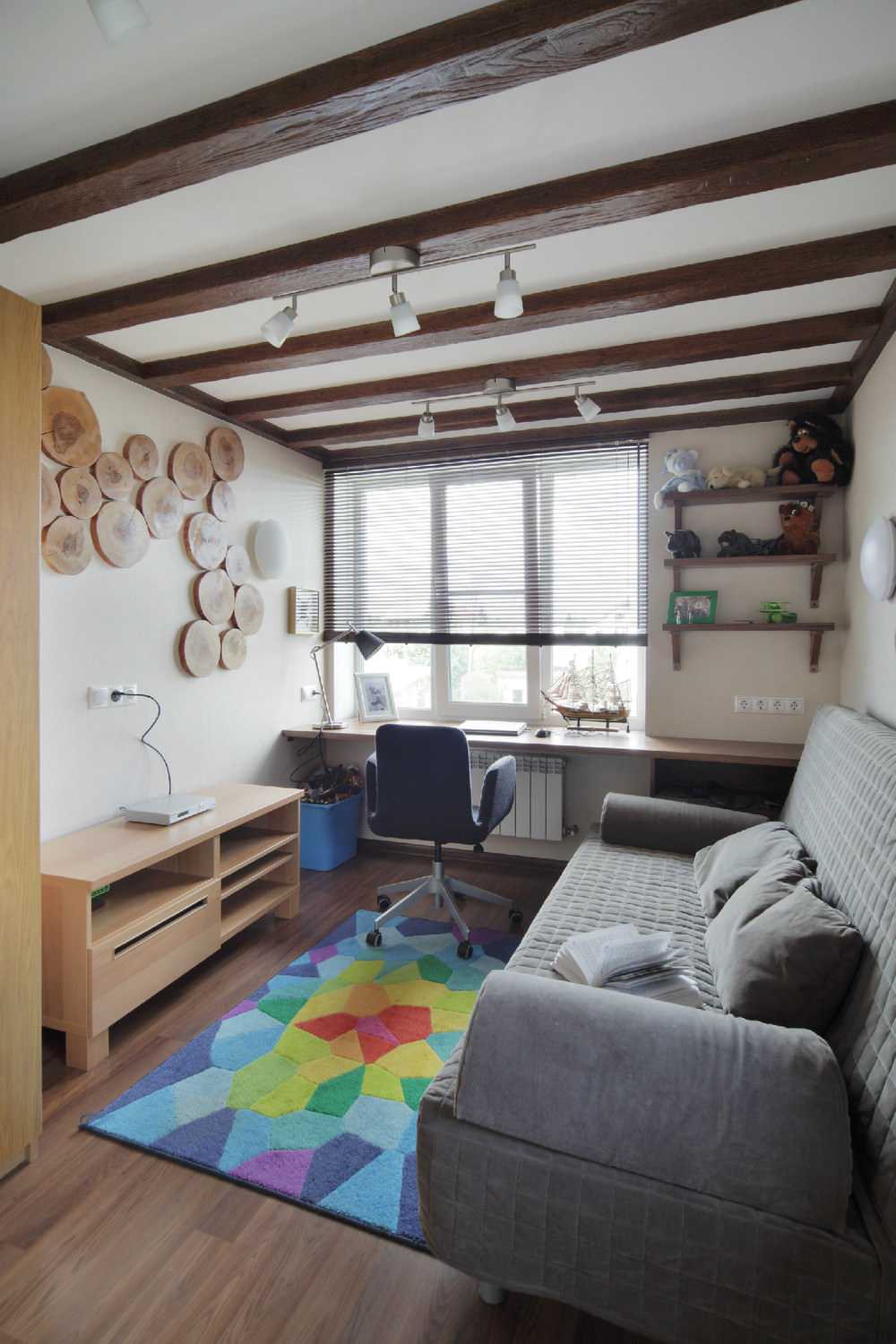 original style of a bedroom with a saw cut of a tree