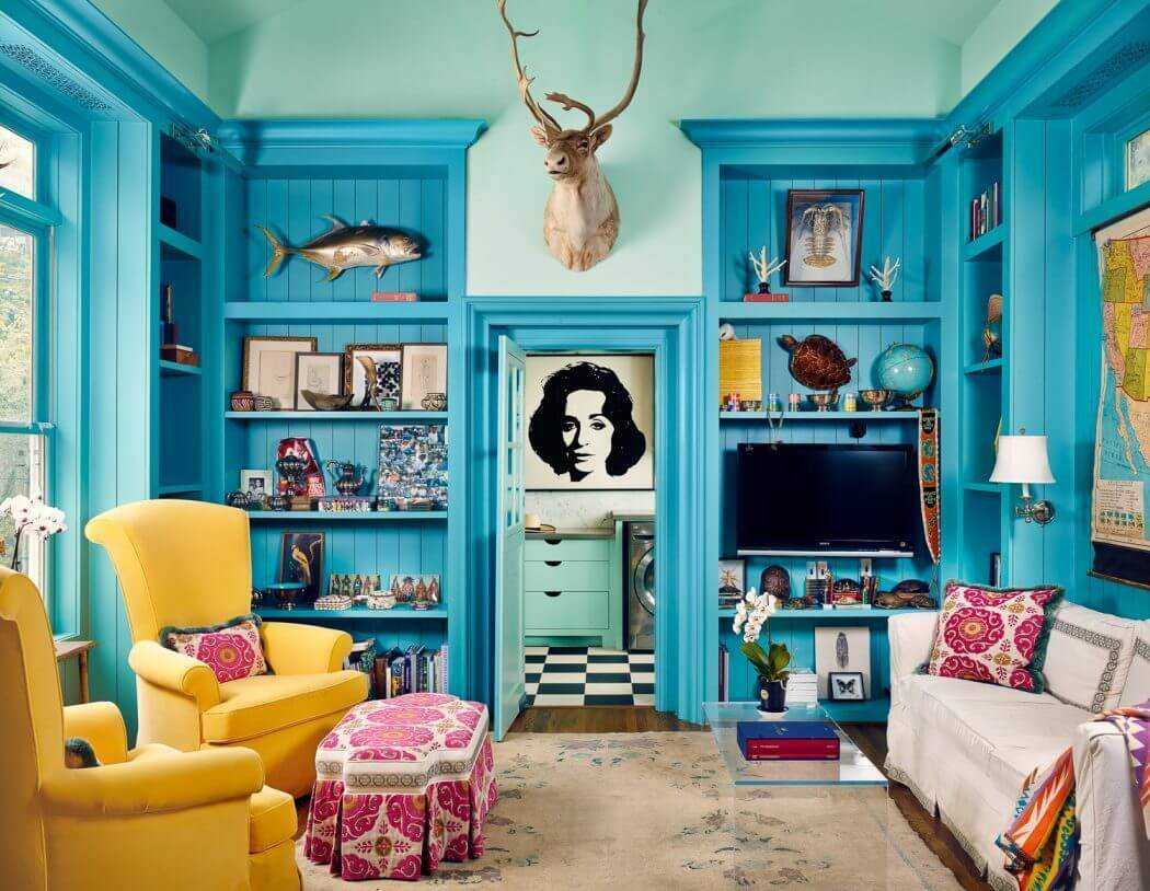 bright living room design in blue