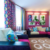 combination of bright colors in the design of the living room photo