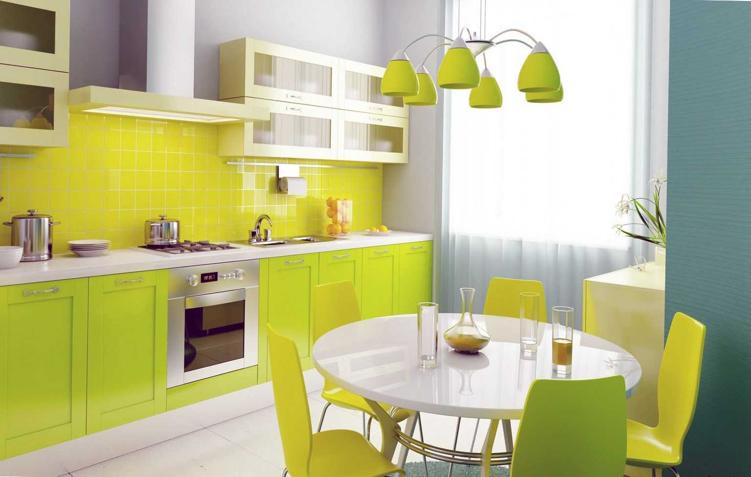 a combination of bright colors in the decor of the kitchen