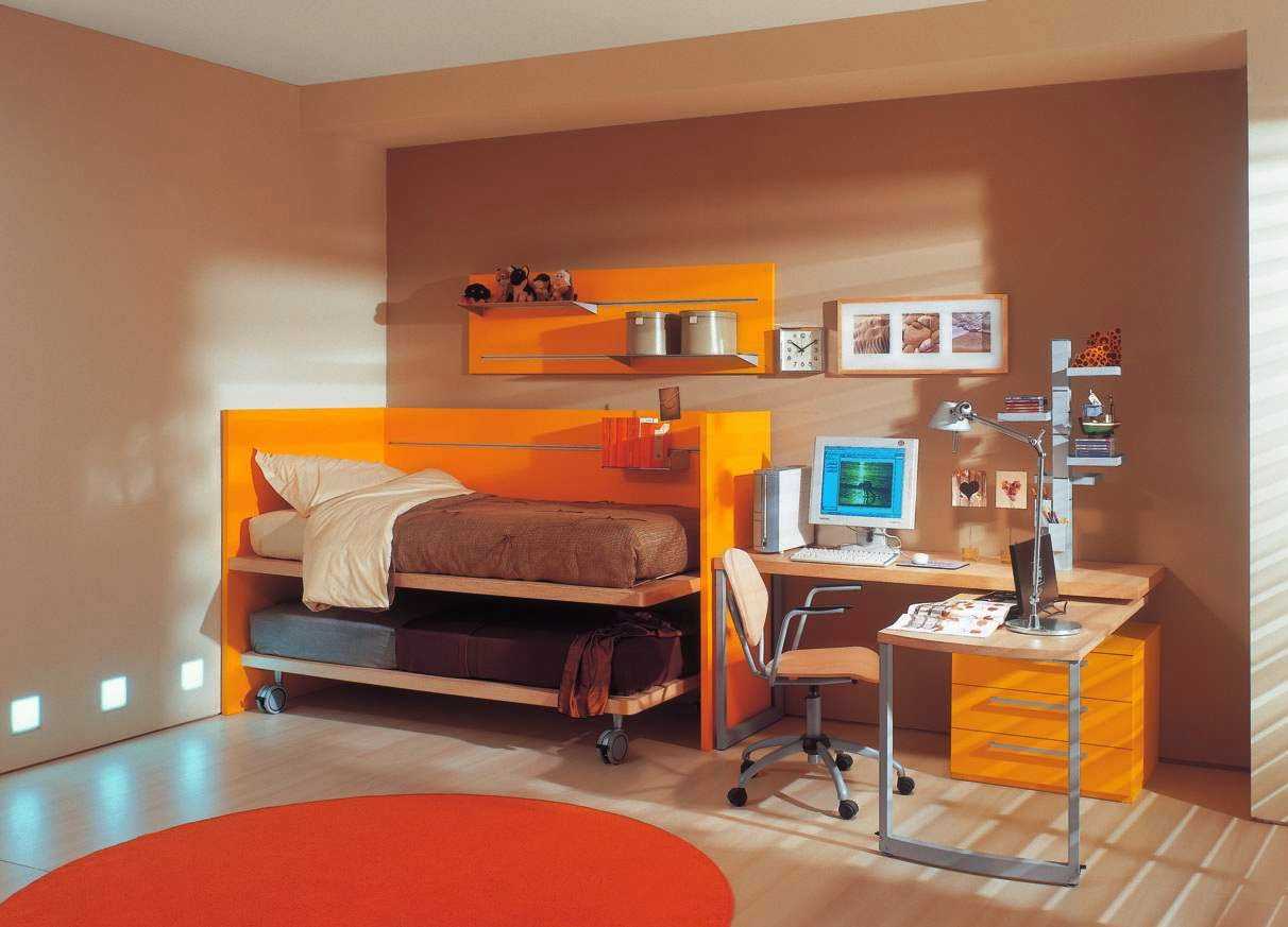 a combination of bright orange in the style of the living room with other colors