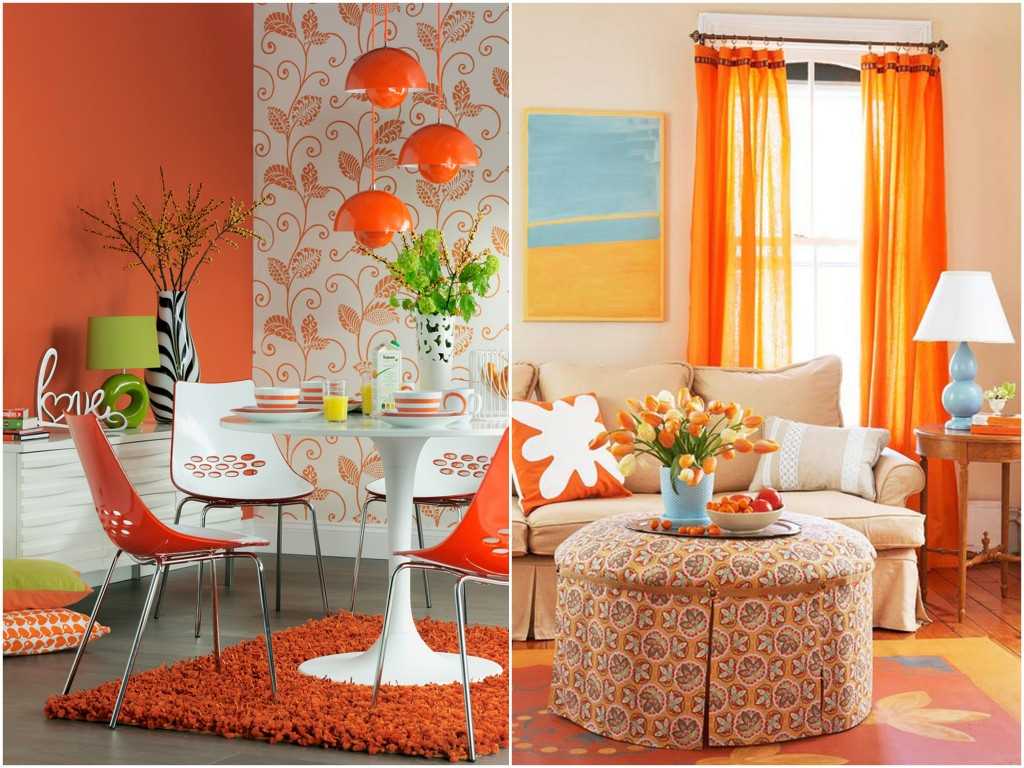 a combination of bright orange in home decor with other colors