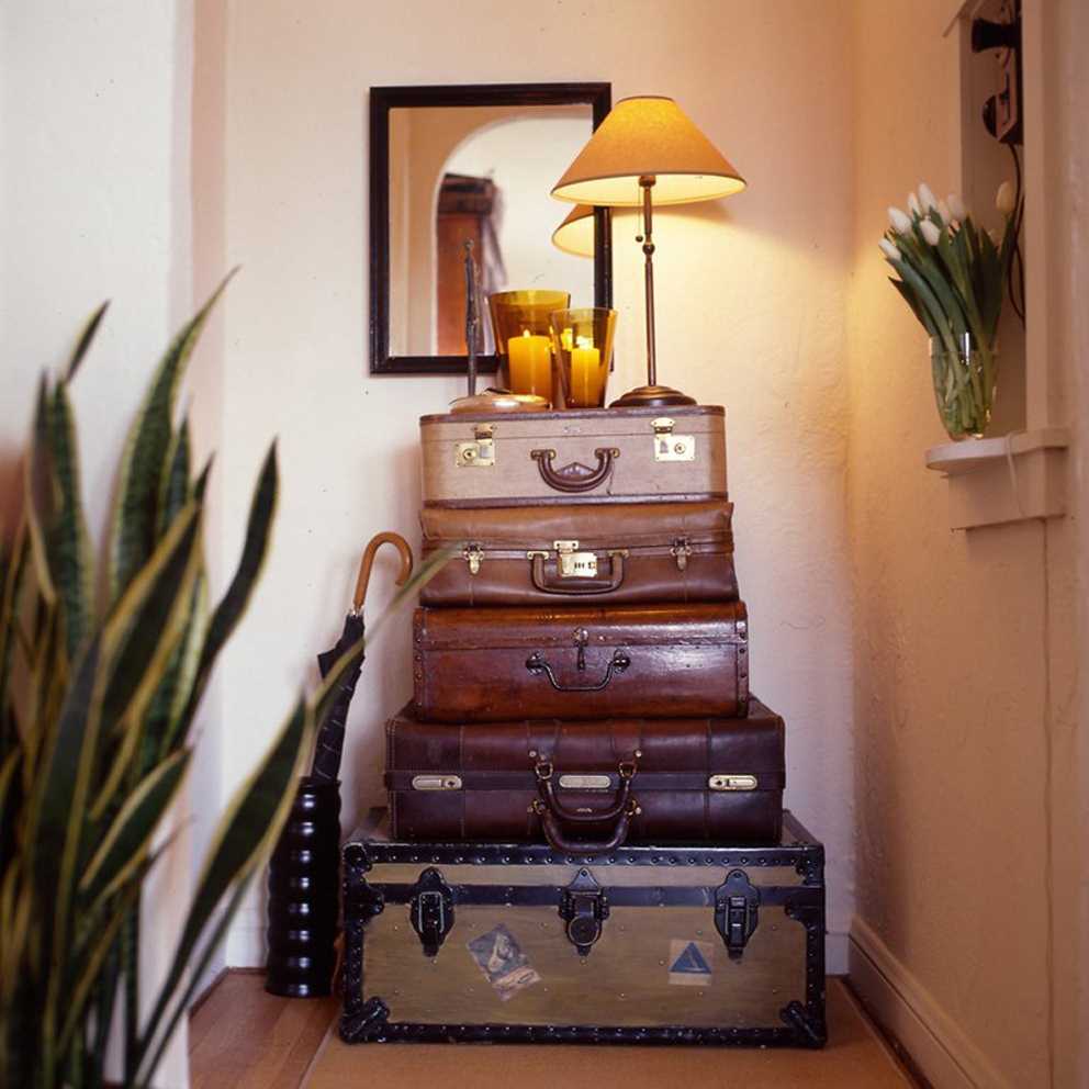 original bedroom interior with old suitcases