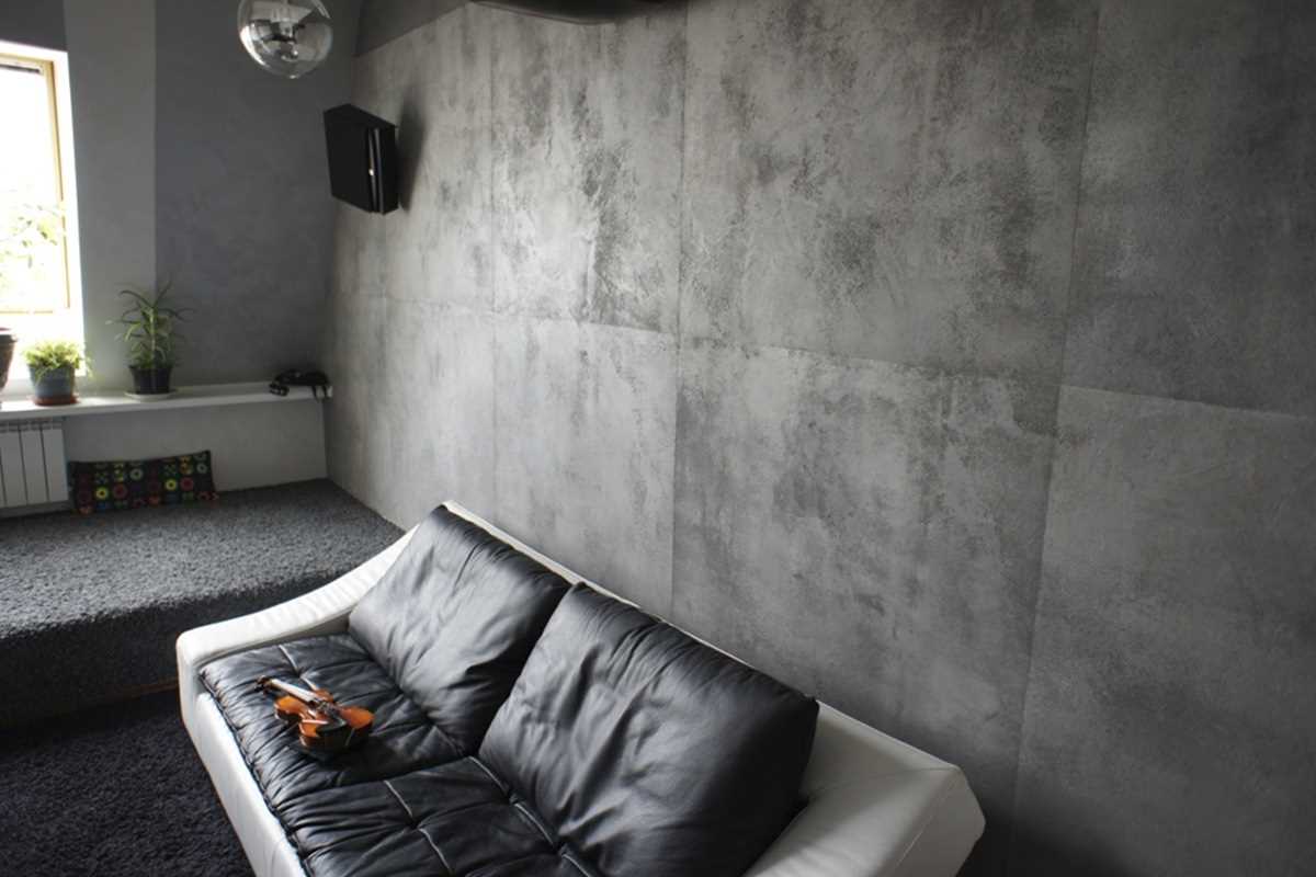 ideja neobične ukrasne žbuke u unutrašnjosti spavaće sobe za beton