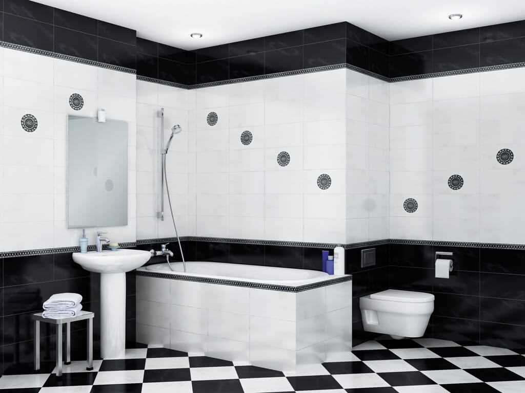 Ideja svijetlog dizajna kupaonice u crno-bijeloj boji