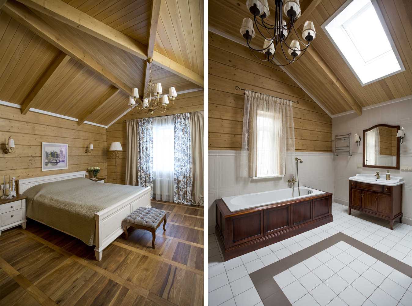 idea of ​​bright design of a bathroom in a wooden house