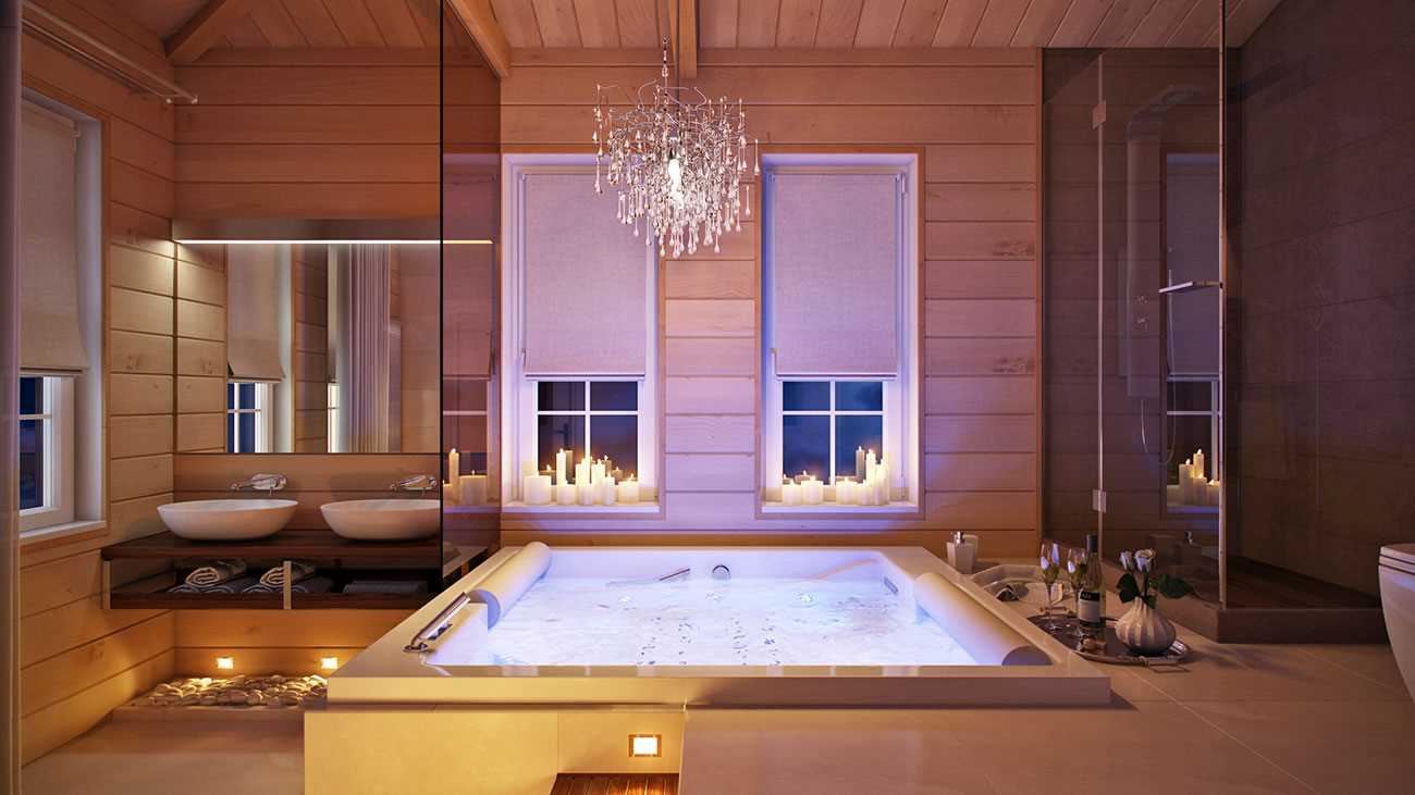 variant of the unusual interior of the bathroom in a wooden house