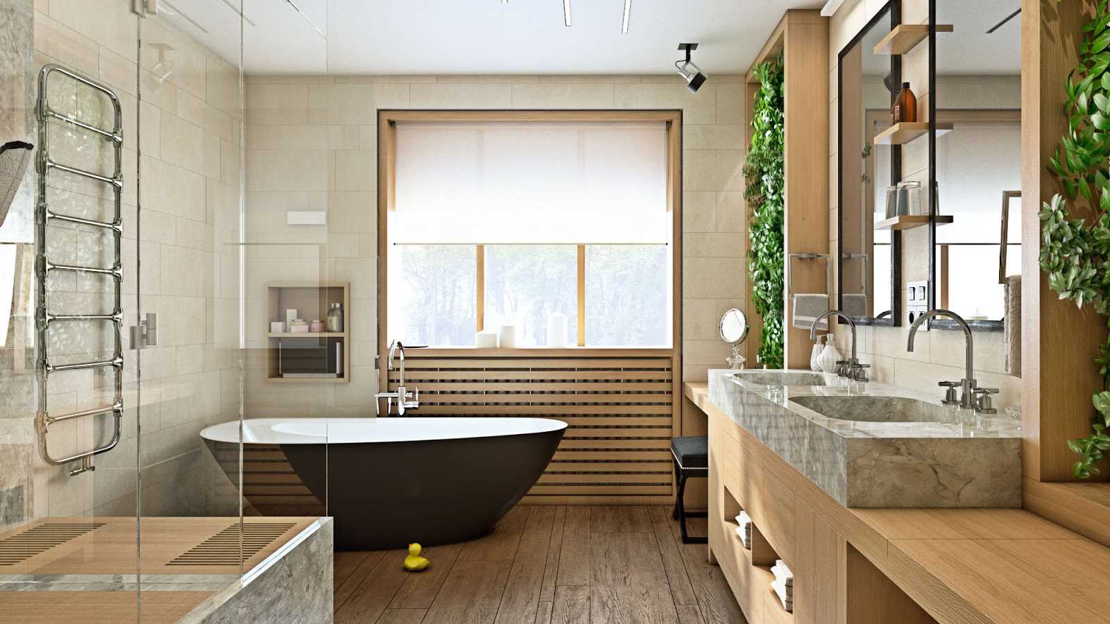 idea of ​​an unusual interior of a bathroom with a window