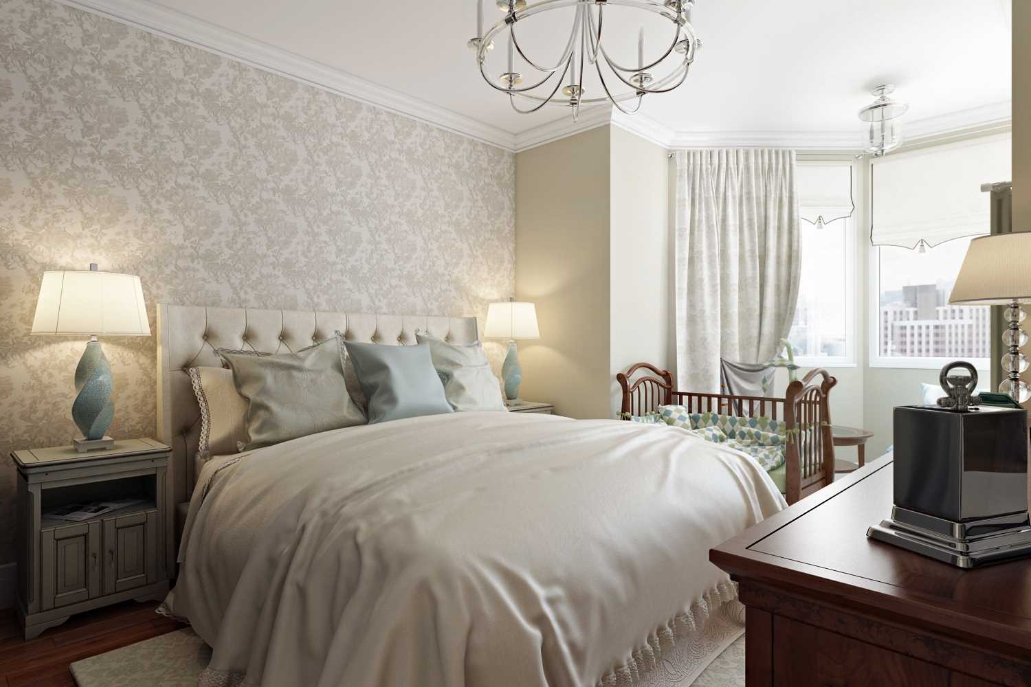 varijanta neobičnog dizajna spavaće sobe u bijeloj boji