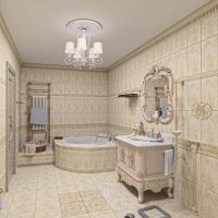 version of the unusual interior of the bathroom in beige color photo