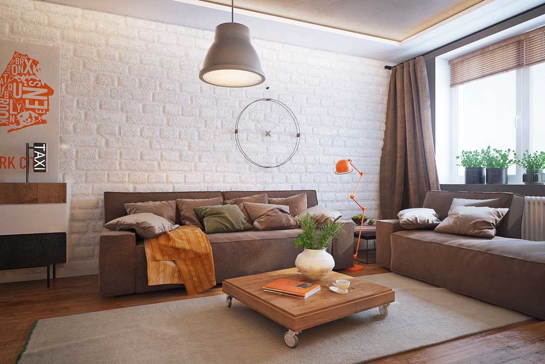 An example of a bright design of a living room 16 sq.m