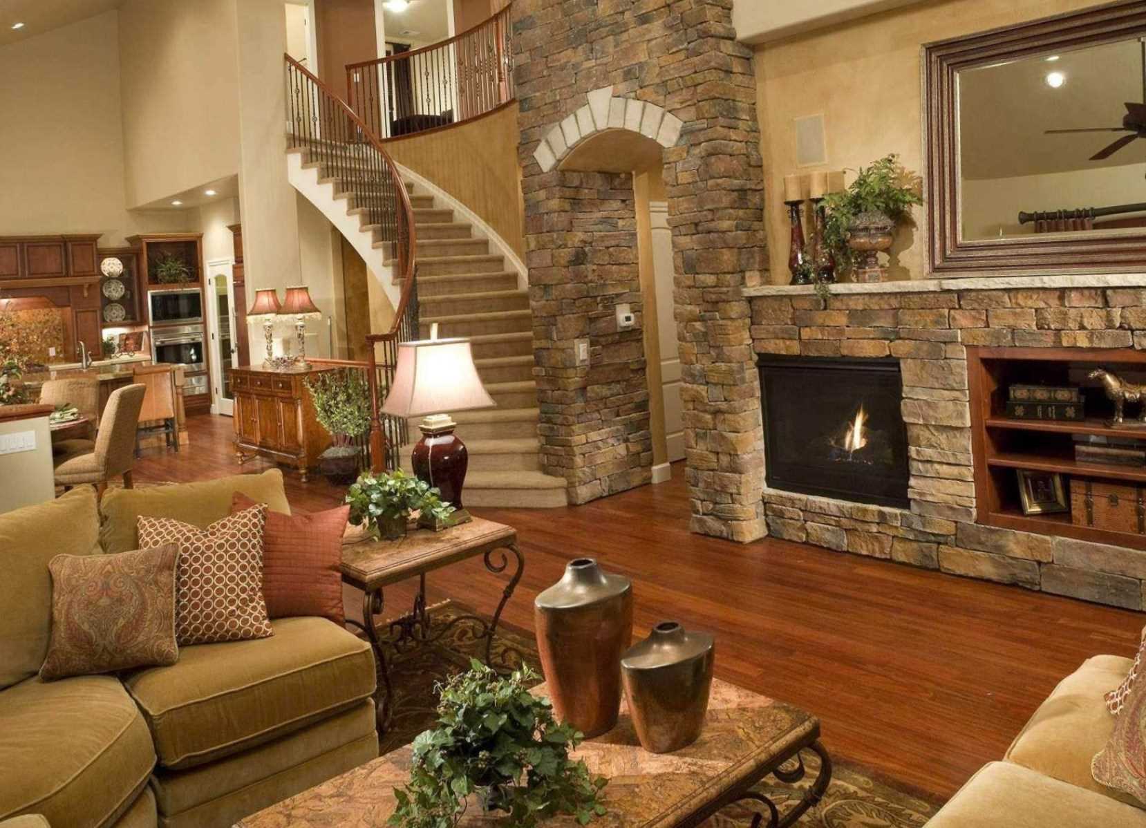 version of the unusual interior of the living room with fireplace