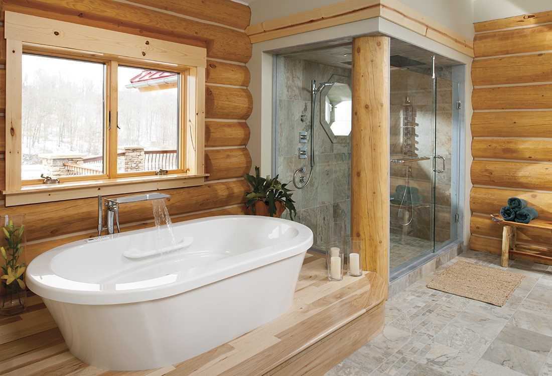 l'idea di un bellissimo interno del bagno in una casa di legno