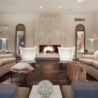 example of an unusual interior of a living room with a fireplace photo