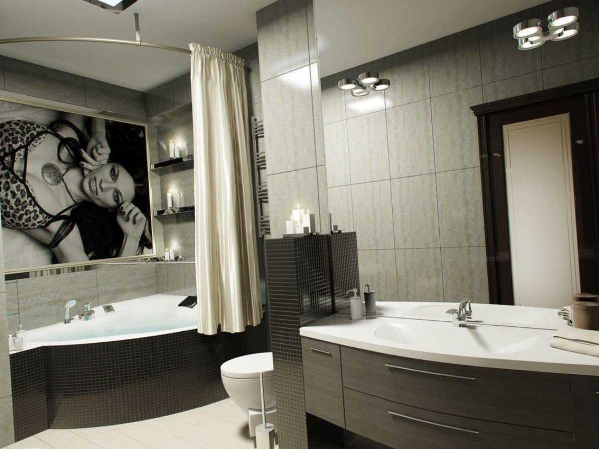 the idea of ​​a beautiful style bathroom with a corner bath