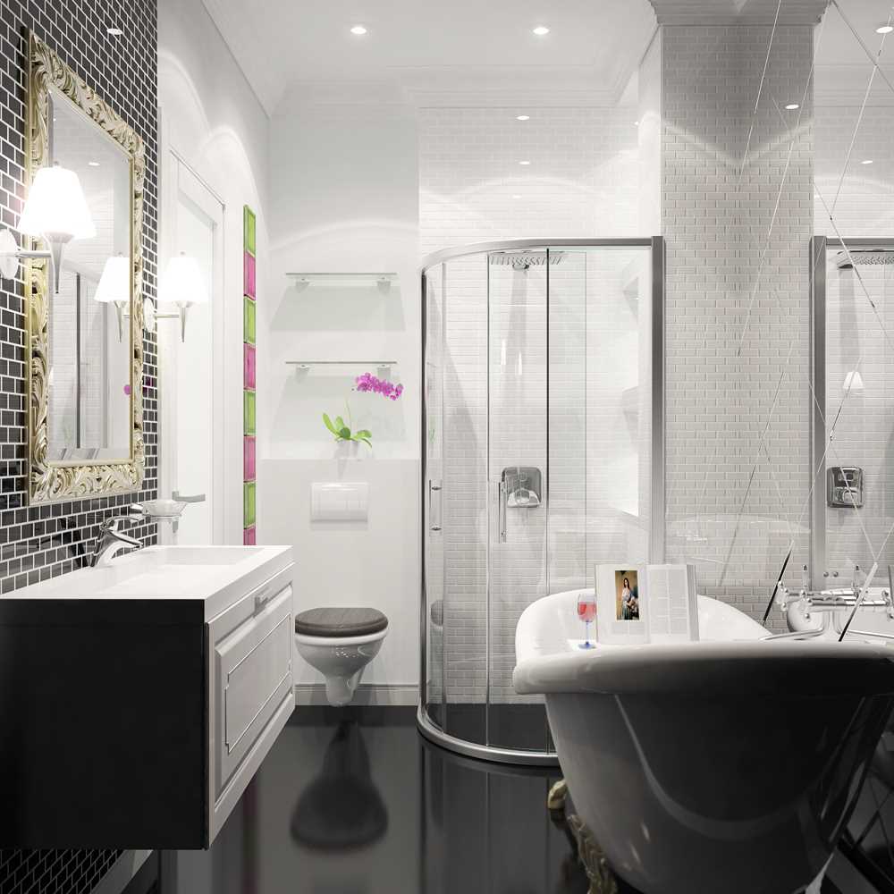ideja svijetlog stila kupaonice u crno-bijeloj boji