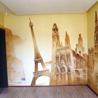 variant of a bright interior of an apartment with wall painting