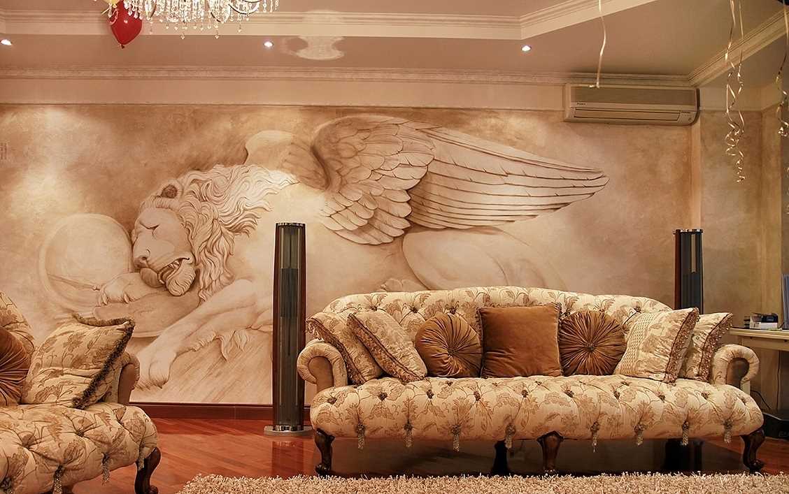 the idea of ​​a bright interior of the house with wall paintings