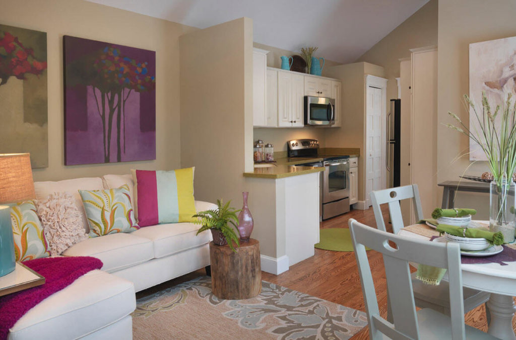 colored pillows in the kitchen with sofa