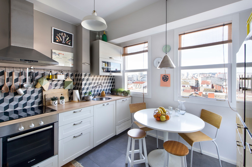 white kitchen with wood worktop