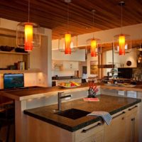 example of a bright style of the kitchen in a wooden house photo